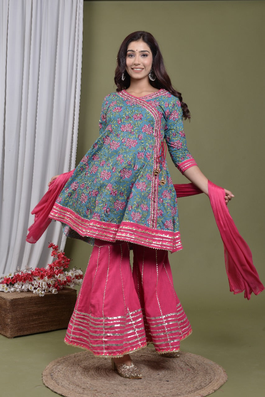 Designer Pink Floral Kurti Sharara With Dupatta