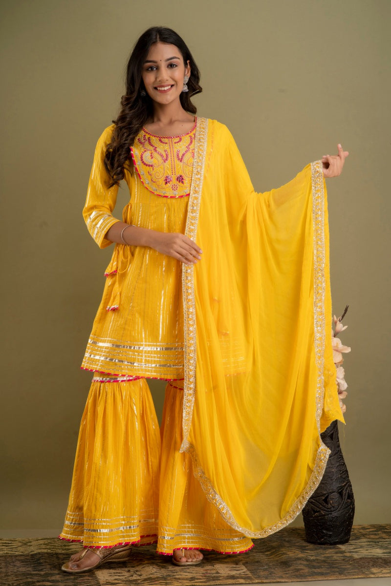 Bright Yellow Designer Kurti Sharara Set With Dupatta