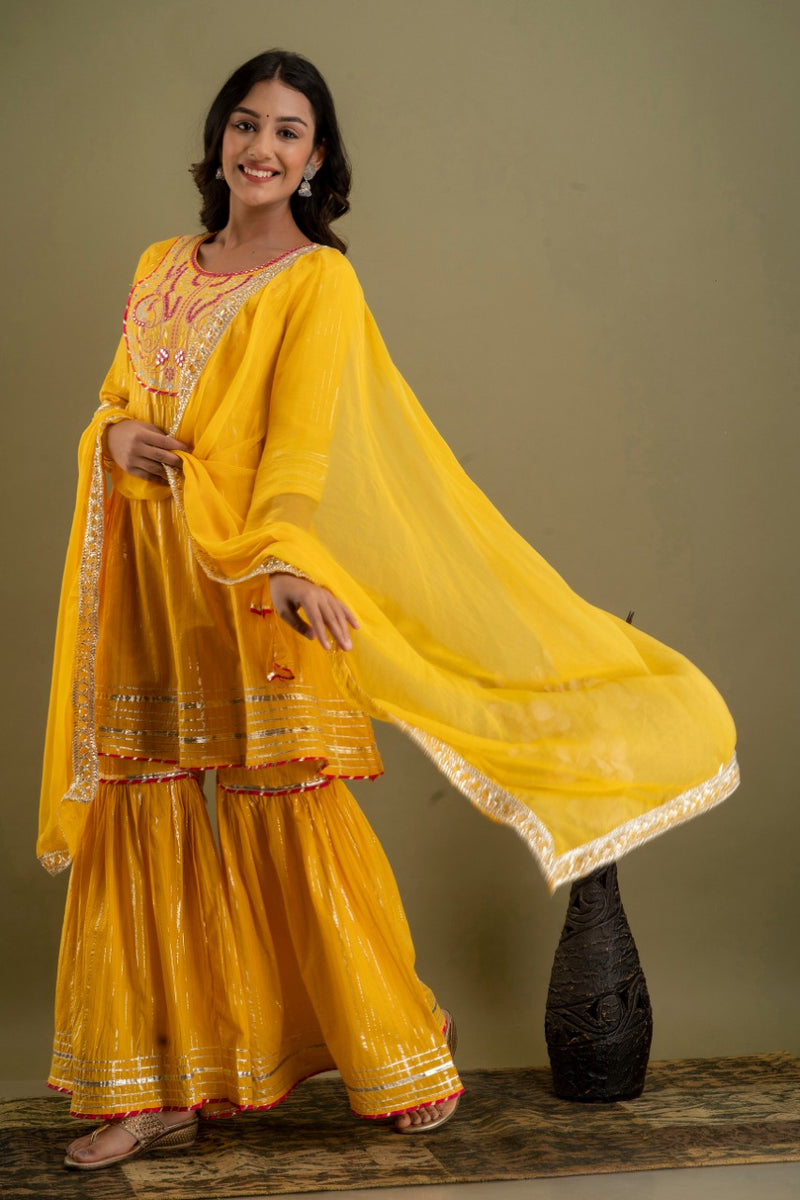 Bright Yellow Designer Kurti Sharara Set With Dupatta