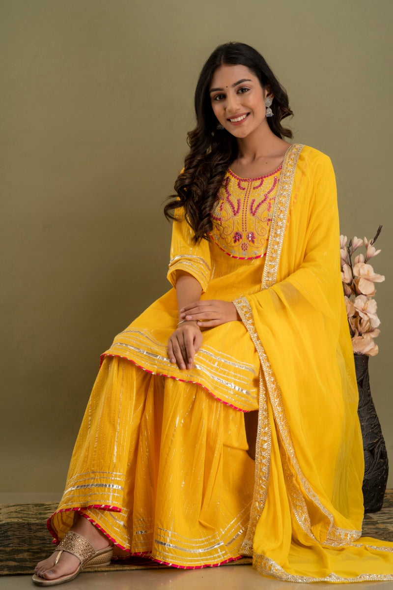 Bright Yellow Designer Kurti Sharara Set With Dupatta