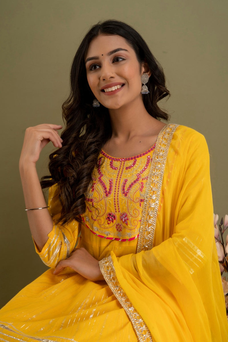 Bright Yellow Designer Kurti Sharara Set With Dupatta