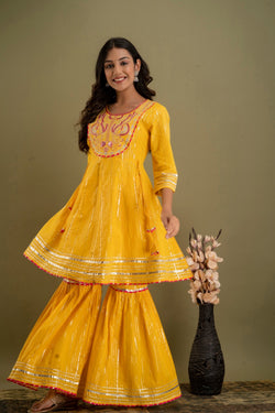 Bright Yellow Designer Kurti Sharara Set With Dupatta