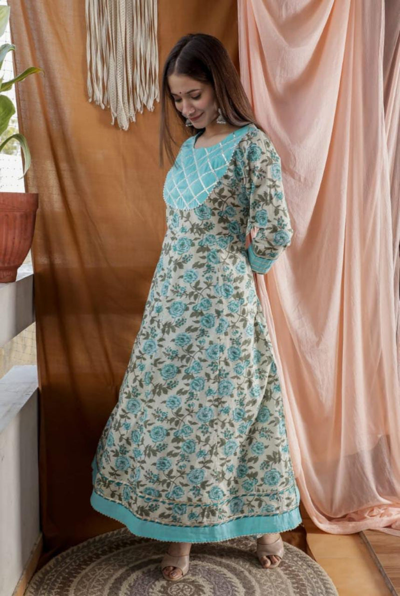 Sea Blue Flower Aanarkali Suit with Dupatta