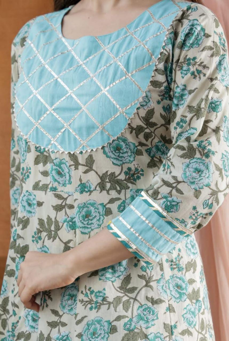 Sea Blue Flower Aanarkali Suit with Dupatta