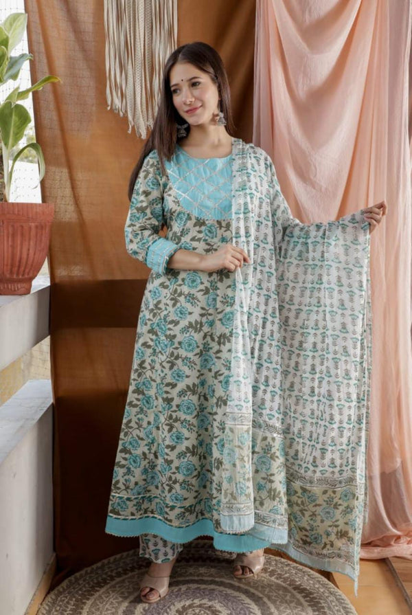 Sea Blue Flower Aanarkali Suit with Dupatta