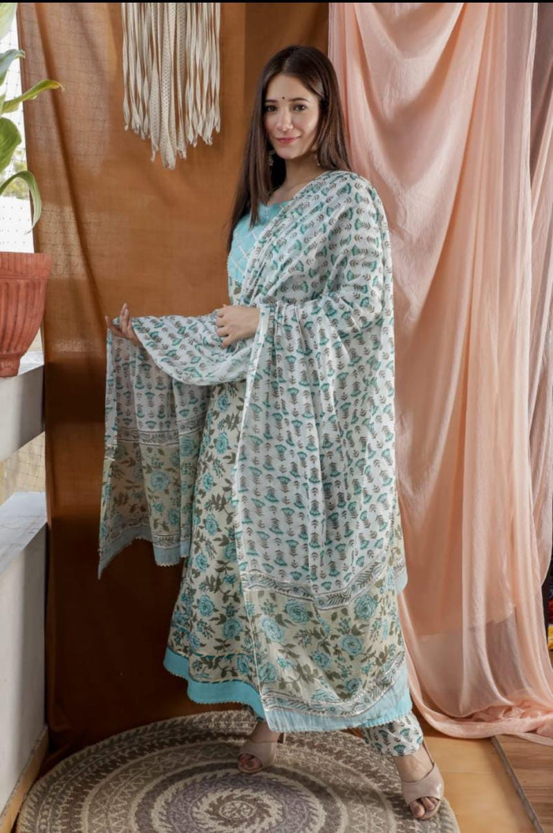 Sea Blue Flower Aanarkali Suit with Dupatta