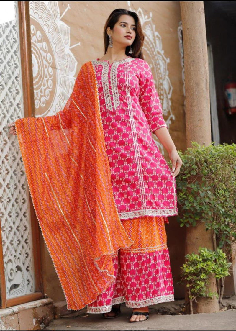 Pink & Orange Designer Kurti Sharara with Dupatta