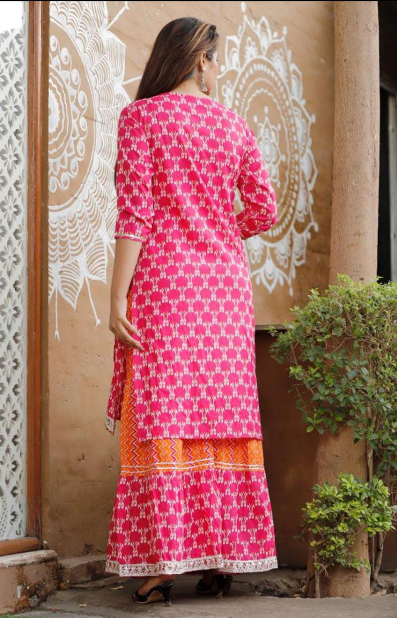 Pink & Orange Designer Kurti Sharara with Dupatta