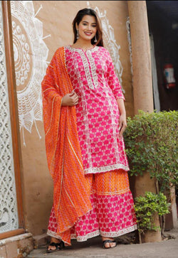 Pink & Orange Designer Kurti Sharara with Dupatta