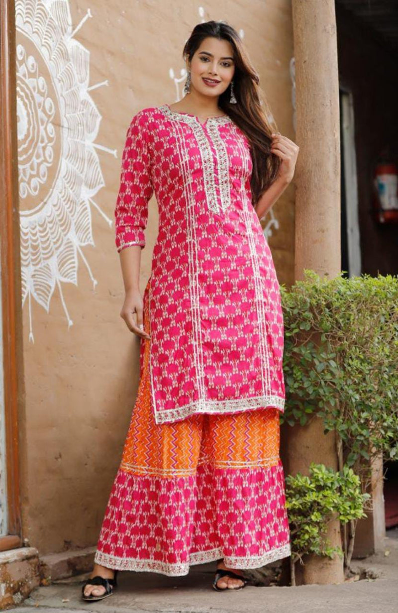 Pink & Orange Designer Kurti Sharara with Dupatta