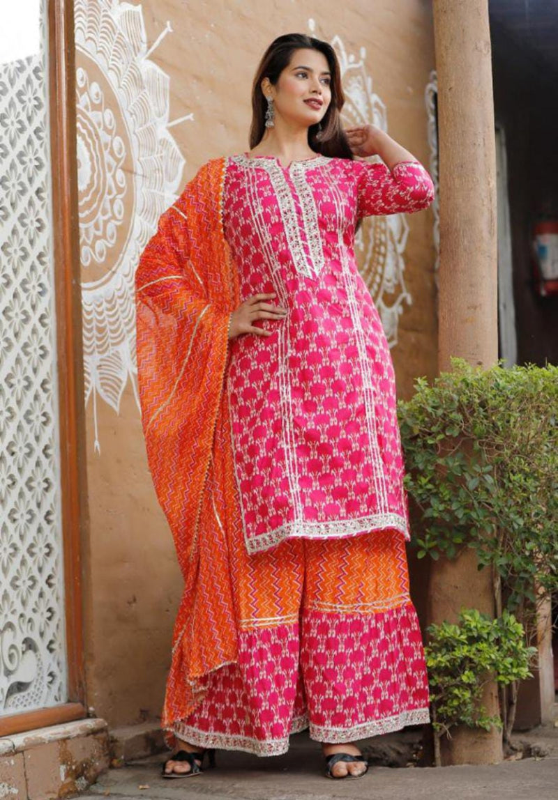 Pink & Orange Designer Kurti Sharara with Dupatta