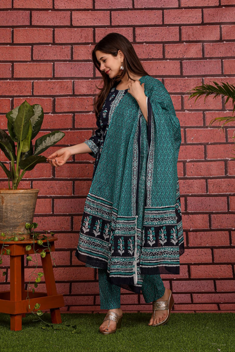 Navy Blue & Teal Beautiful Suit with Dupatta