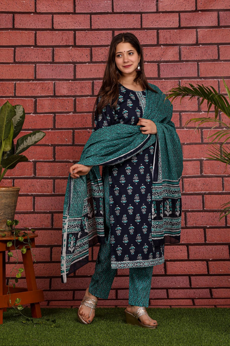 Navy Blue & Teal Beautiful Suit with Dupatta