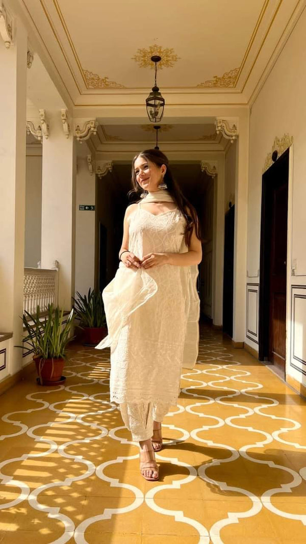 Cream White kurti Afgaan With Dupatta