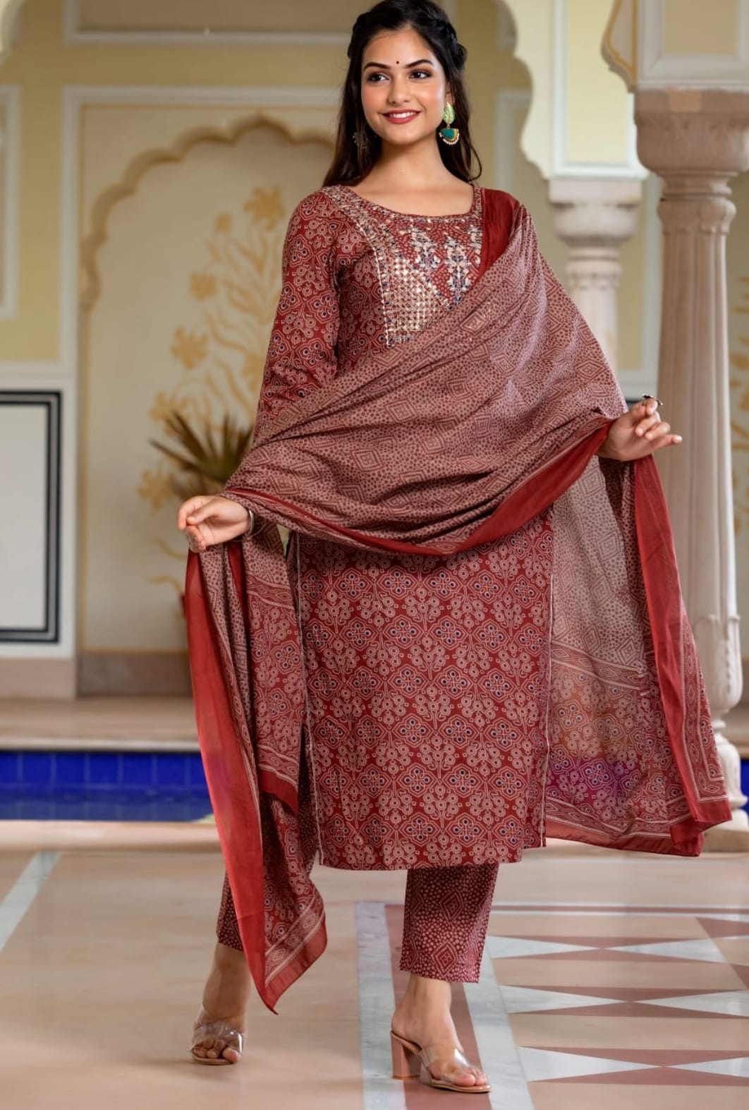 Beautiful Mahroom Heavy embroidery Suit With Dupatta