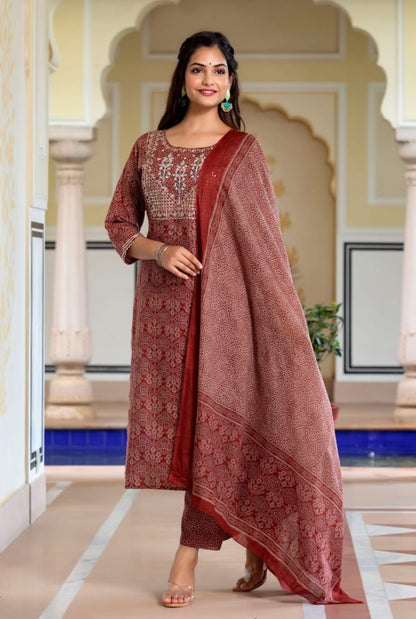 Beautiful Mahroom Heavy embroidery Suit With Dupatta