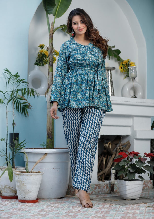 Beautiful Blue Peplum Style Kurti With Pant