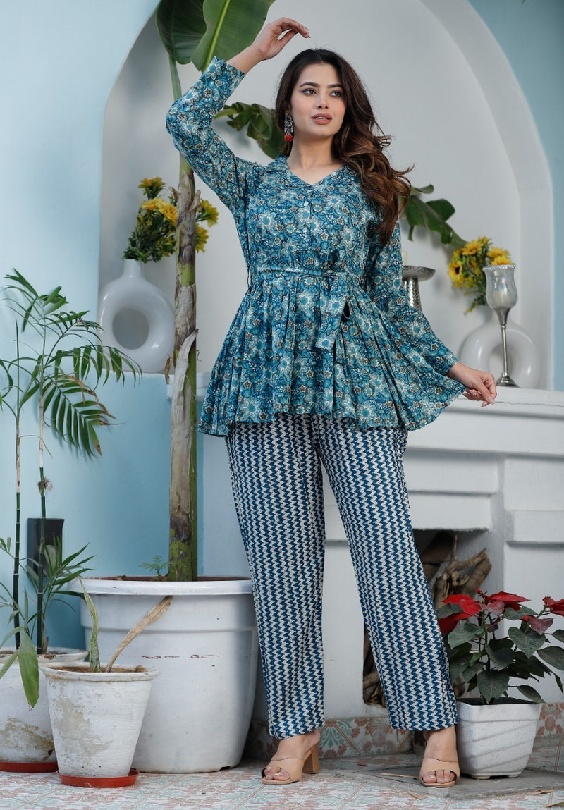 Beautiful Blue Peplum Style Kurti With Pant