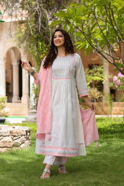 Beautiful white Nayra Cut Kurti With Pant and Dupatta