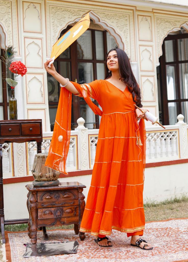 Premium Orange Anarkali style kurta with pant