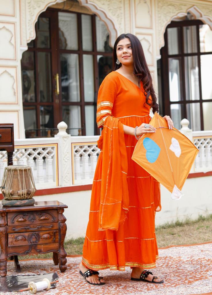 Premium Orange Anarkali style kurta with pant