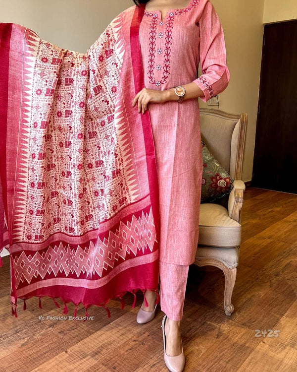 Pink Khadi Cotton Suit With Silk Dupatta