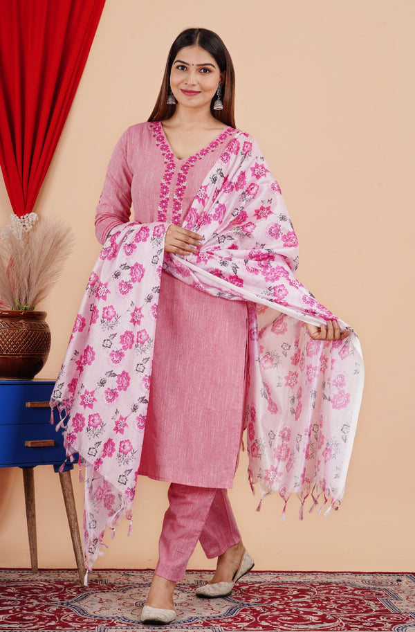 Beautiful Pink Khadi Cotton Suit With Silk Dupatta