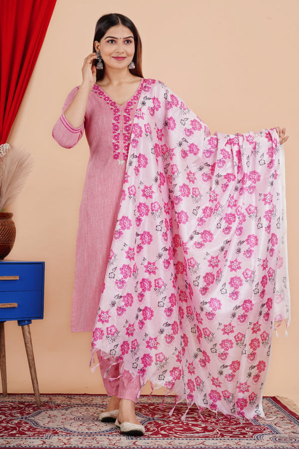 Beautiful Pink Khadi Cotton Suit With Silk Dupatta