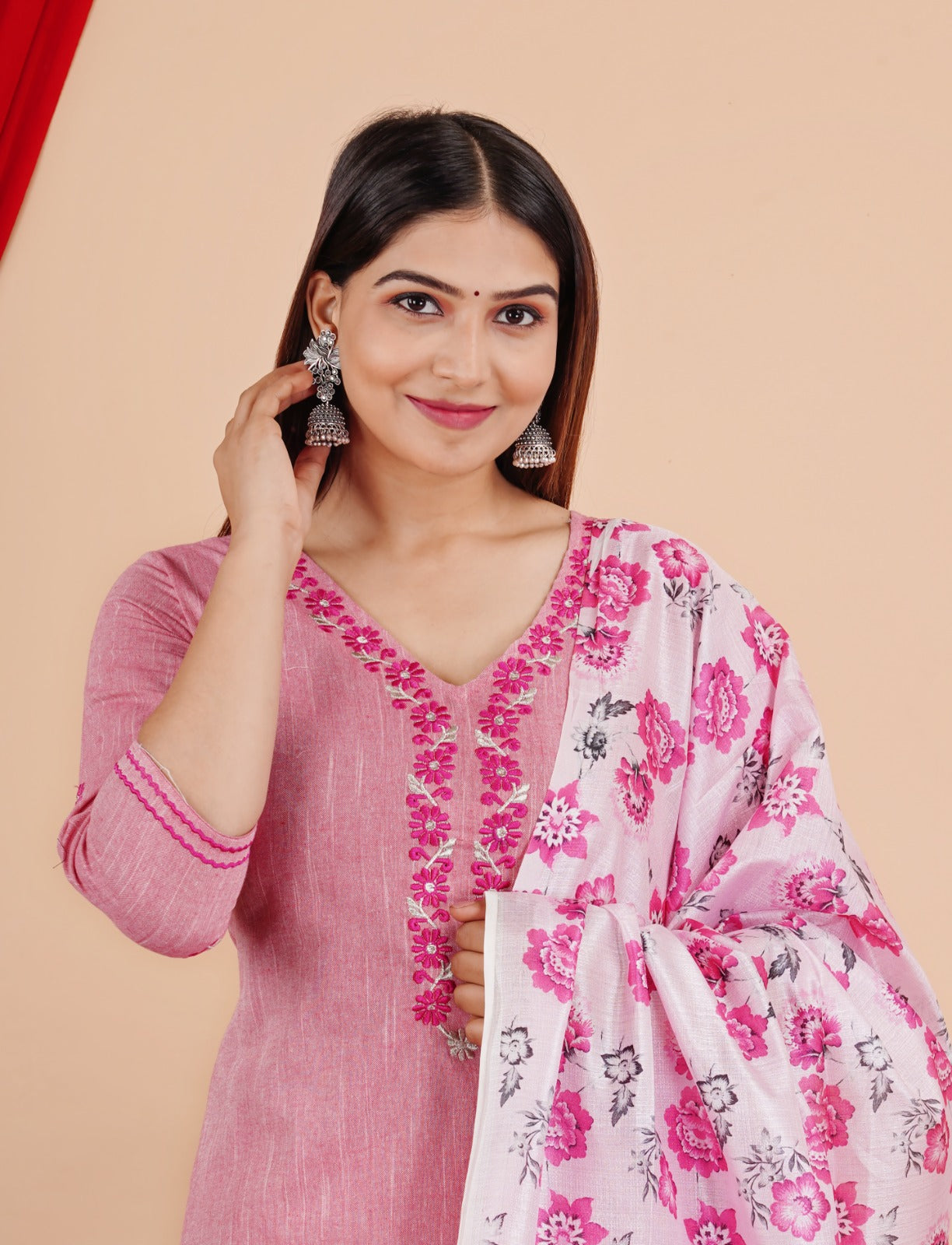 Beautiful Pink Khadi Cotton Suit With Silk Dupatta