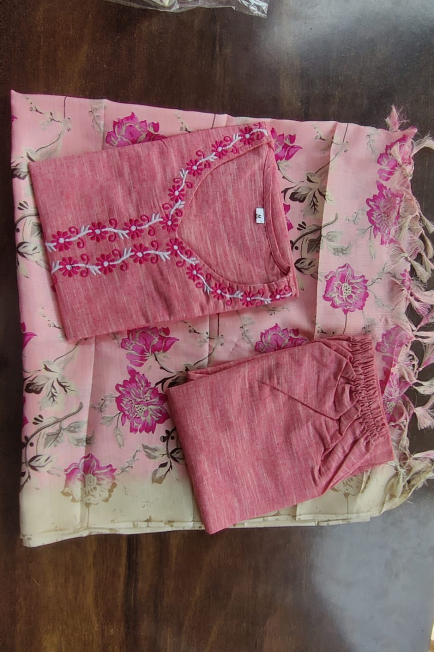 Beautiful Pink Khadi Cotton Suit With Silk Dupatta