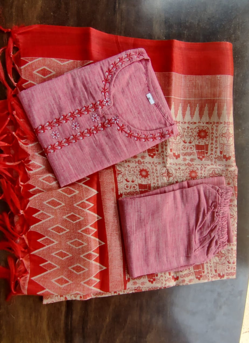 Pink Khadi Cotton Suit With Silk Dupatta