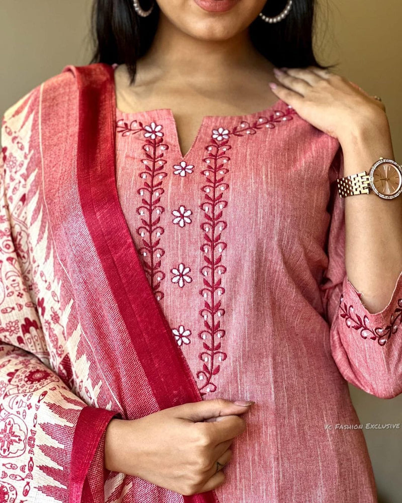 Pink Khadi Cotton Suit With Silk Dupatta