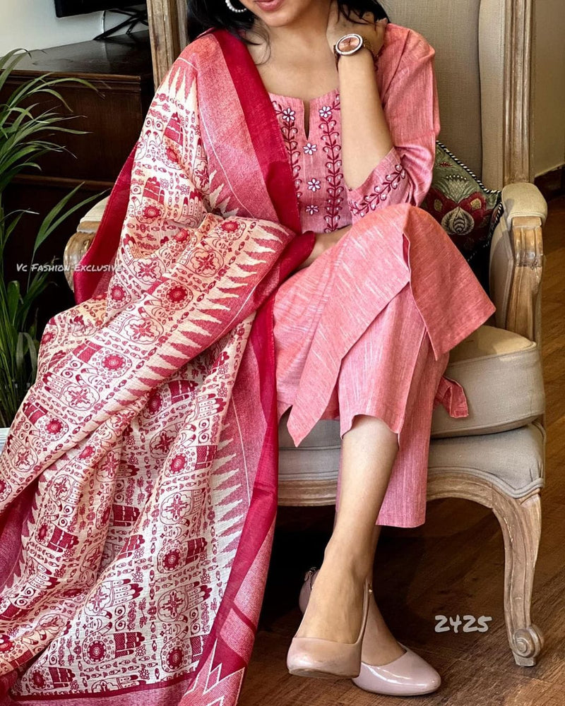 Pink Khadi Cotton Suit With Silk Dupatta