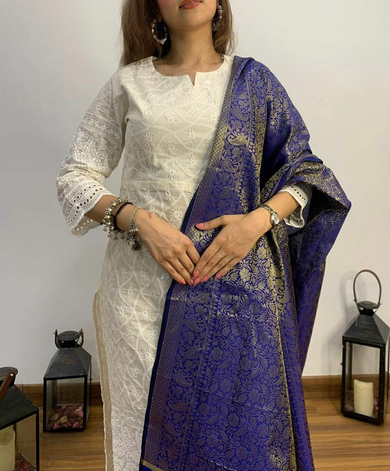 Chikankari Suit With Banarasi Silk Dupatta