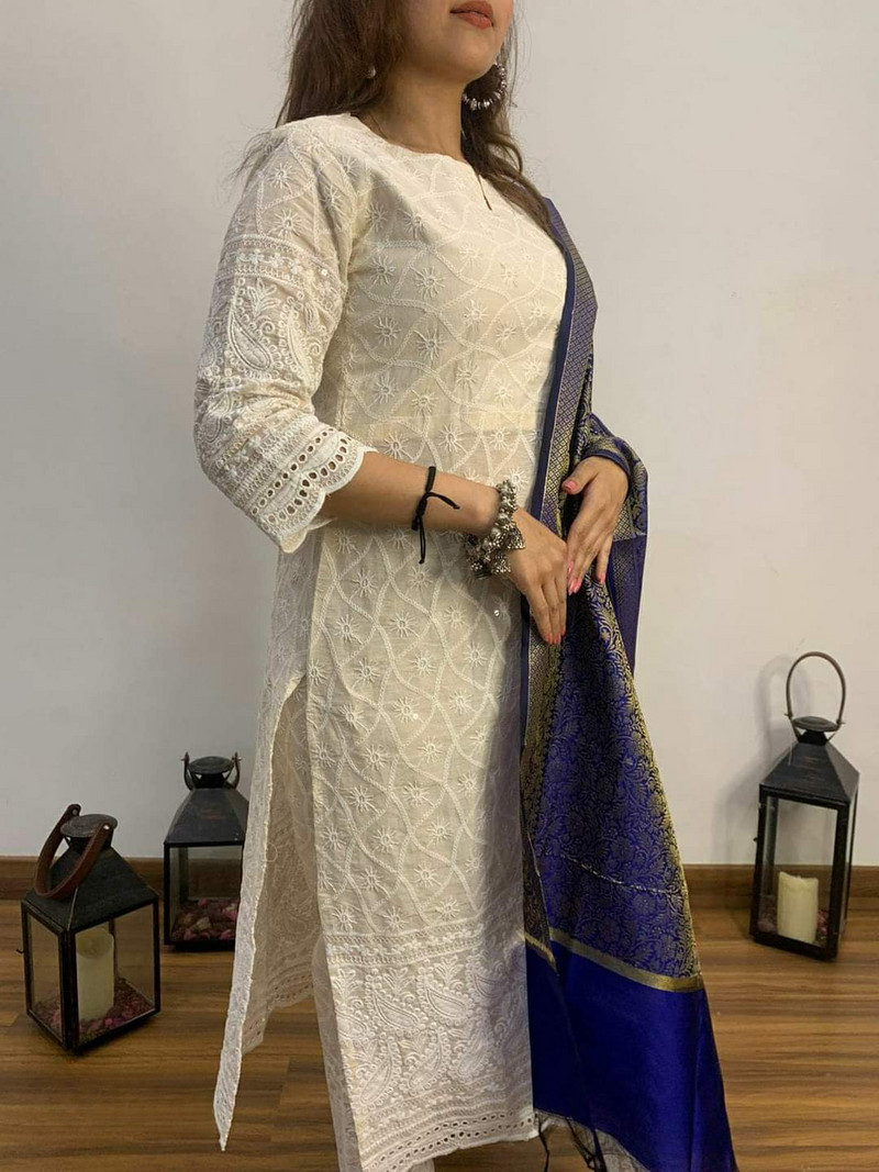 Chikankari Suit With Banarasi Silk Dupatta