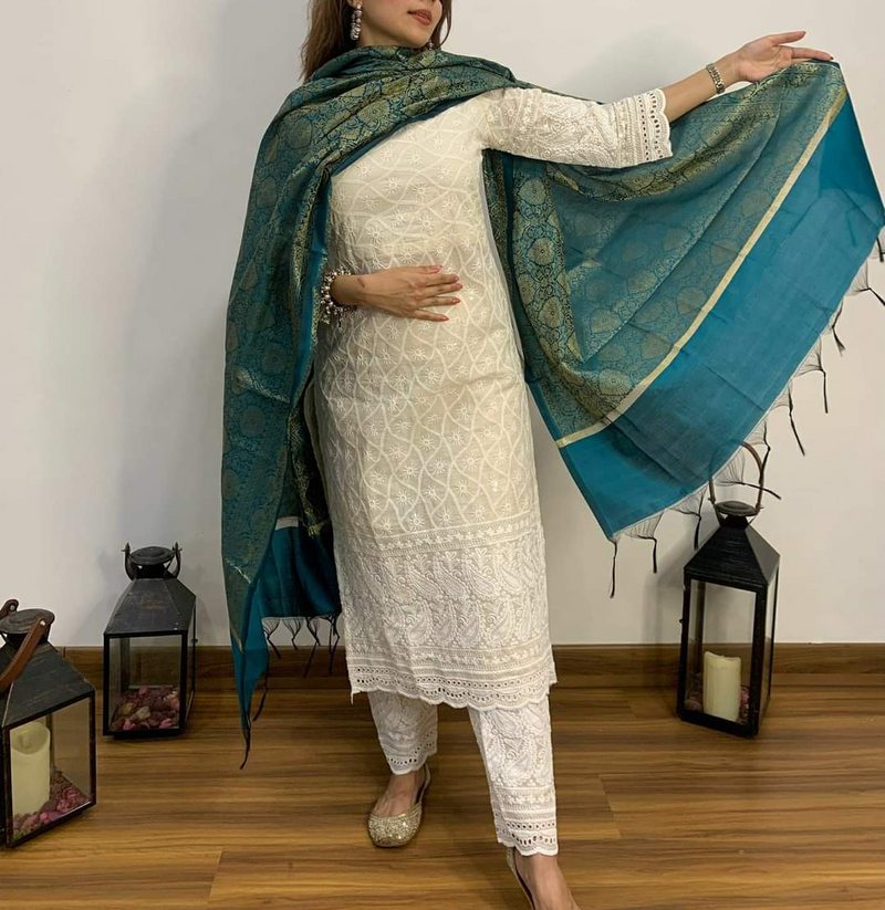 Chikankari Suit With Banarasi Silk Dupatta