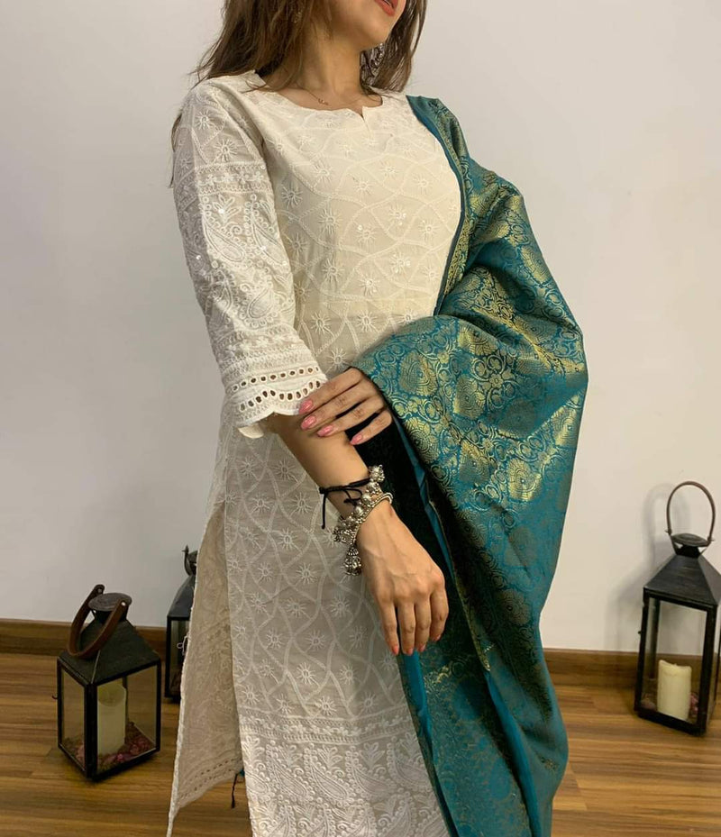 Chikankari Suit With Banarasi Silk Dupatta