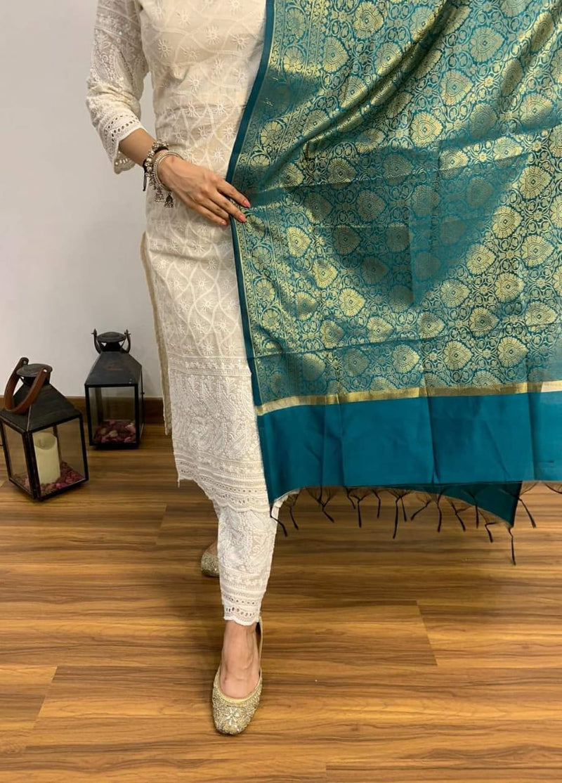 Chikankari Suit With Banarasi Silk Dupatta