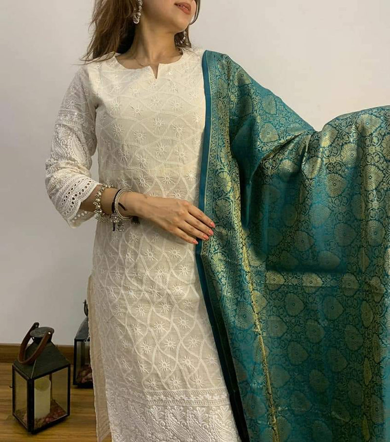 Chikankari Suit With Banarasi Silk Dupatta